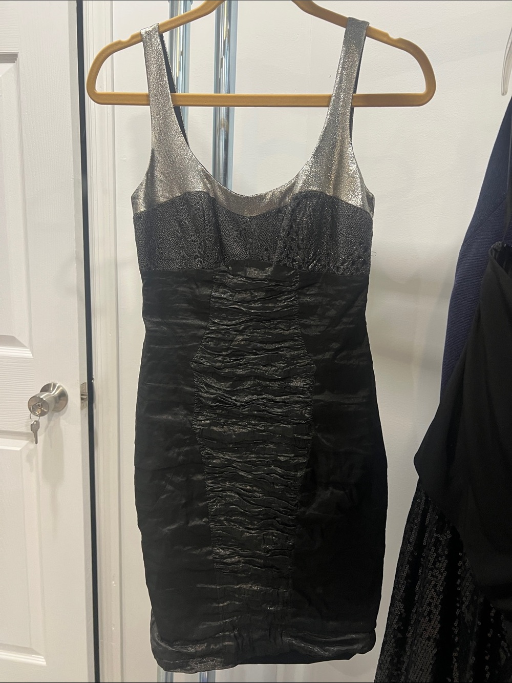 Nicole miller Silver and Black Sleeveless Ruched Mini Dress